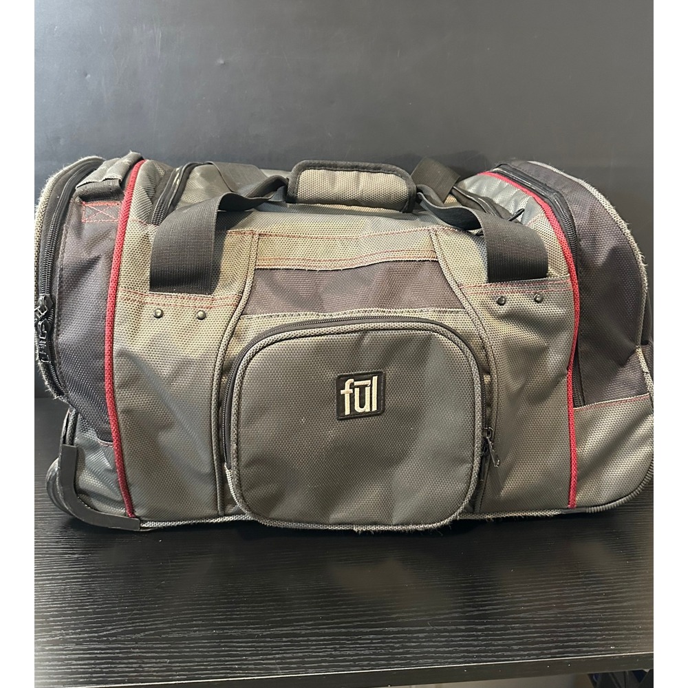 Ful Rolling Duffel Bag Grey Black Red Accents Telescoping Handle Luggage Travel